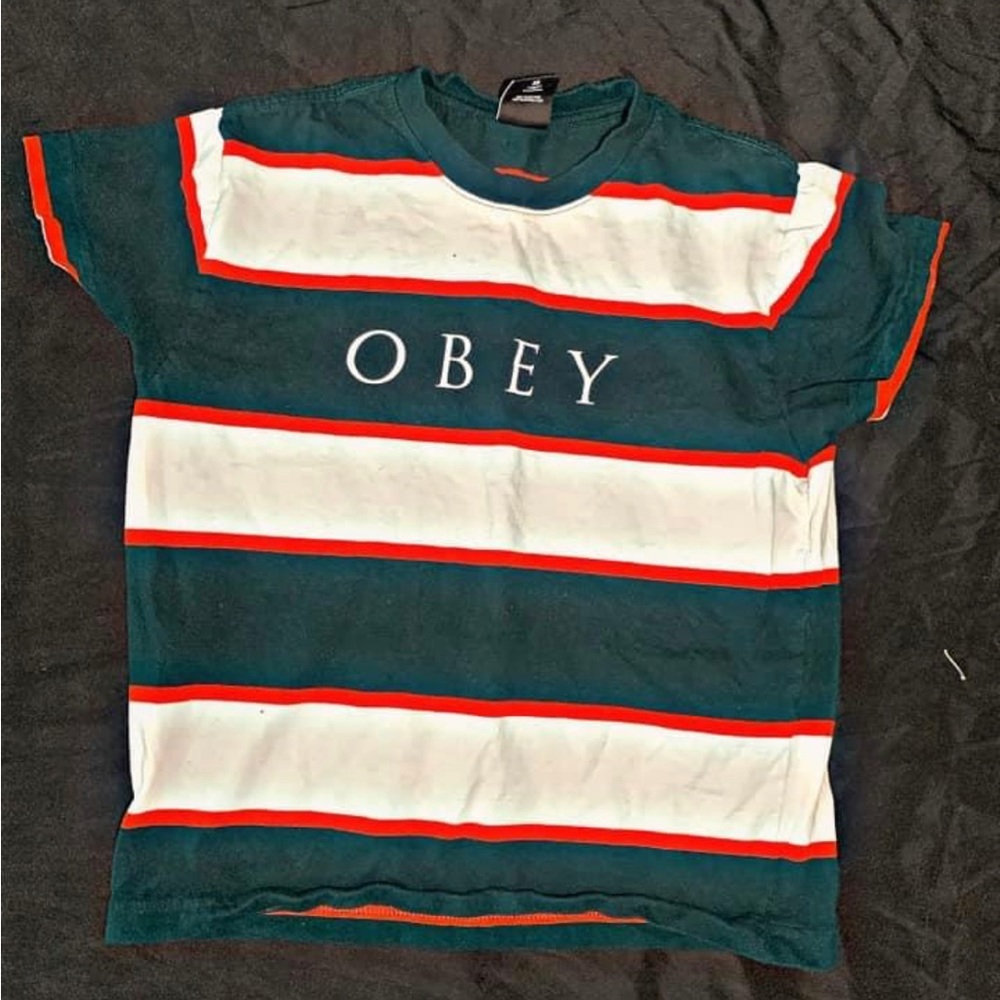 GREEN WHITE RED STRIPED OBEY TSHIRT